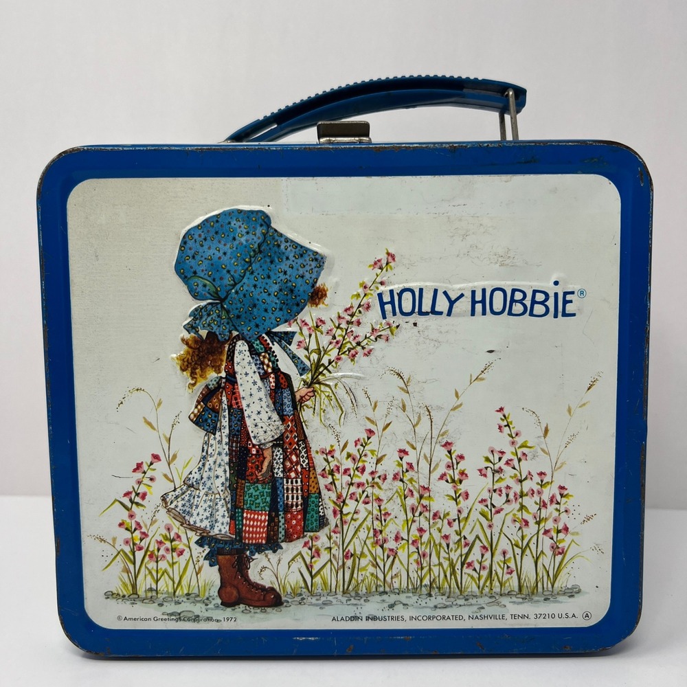 Aladdin Holly Hobbie Lunchbox Thermos Set Metal Embossed Blue Vintage 1972